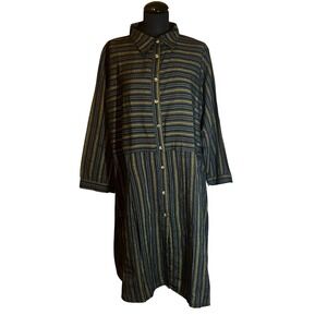 A La Tzarina Striped Cotton Blend Button Front Shirt Dress in Black, Women's 2XL